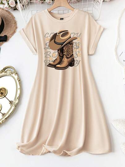 Wildy Vestido casual y suelto con estampado de bota y sombrero vaquero, cuello redondo, manga corta, adecuado para festivales de música country en verano, vestido elegante y casual