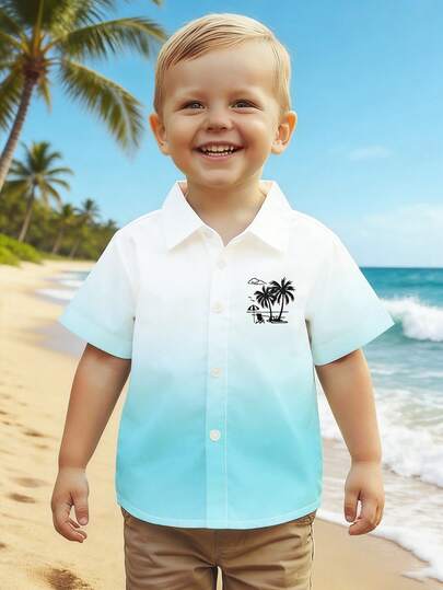 Toddler Boys' Short Sleeve Shirt, Blue Ombre Print, Palm Tree Print, Vacation Style Shirt, Fashionable And Cute Casual Outfit For Spring/Summer Holiday And Outdoor Play