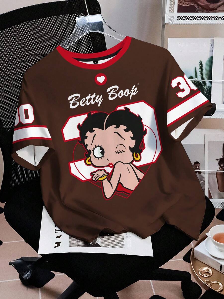 Betty Boop x SHEIN 女士休闲圆领短袖T恤 - 白色 - 查看 1