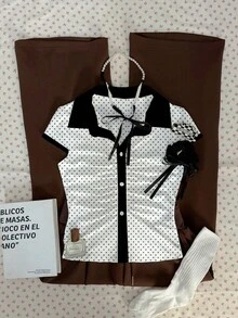 SHEIN EZwear 女士休闲波点印花撞色滚边衬衫，夏季 - 白色 - 查看 1