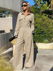 女士宽松商务休闲轻便连体裤，棕色，带大口袋，适合办公室、街头、户外活动，春夏皆宜，女士连体裤家居服套装 - 卡其色 - 查看 3