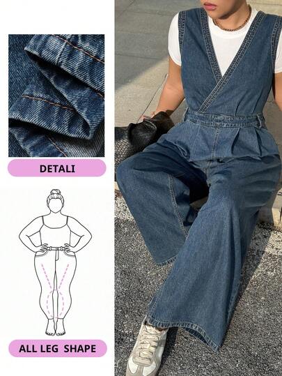 Dazy Plus Plus Size Women Vintage Washed Denim Deep V-Neck Sleeveless Jumpsuit, Spring/Autumn