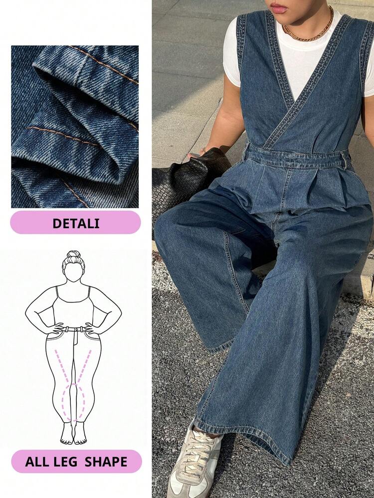 Dazy Plus Plus Size Women Vintage Washed Denim Deep V-Neck Sleeveless Jumpsuit, Spring/Autumn