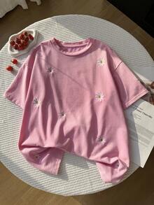SHEIN EZwear 大码女式休闲日装/度假宽松刺绣雏菊落肩T恤，夏季 - 淺粉色 - 查看 3