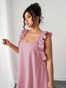 SHEIN PETITE 大码女式休闲纯色荷叶边方领无袖连衣裙，夏季 - 藕粉色 - 查看 4