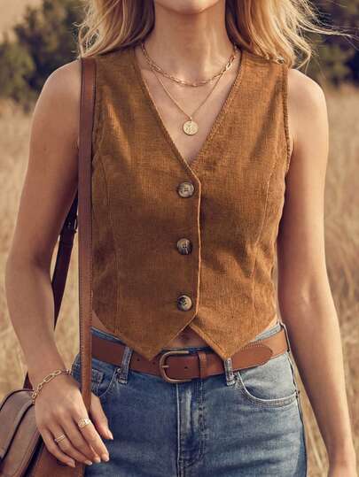 Wildy Camisa sin mangas casual de verano para mujer, con botones delanteros, en color caqui oscuro vintage