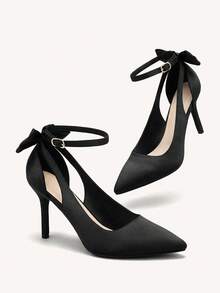 CUCCOO CHICEST Woman Shoes Bow Decor Elegant Ankle Strap Point Toe Stiletto Heeled Glamorous Black Satin Pumps For Summer And Summer Vacation Shoes Summer Elegant Heels Summer Shoes Summer Break Easter Prom Heels For Christmas Elegant Shoes Wedding Shoes Summer Shoes Bride Shoes - Black - View 9