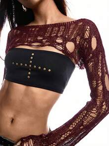 LYSMO 女士酒红色做旧船领性感长袖套头毛衣，春夏款 - 酒紅色 - 查看 3