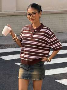 Muchica 棕色条纹女士 Polo 领短袖休闲针织上衣 - 棕色 - 查看 3