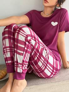 ZzzCrew Bộ đồ ngủ nữ gồm áo tay ngắn in hình trái tim và quần kẻ caro, kiểu dáng thường ngày. - Màu tím - Xem 5
