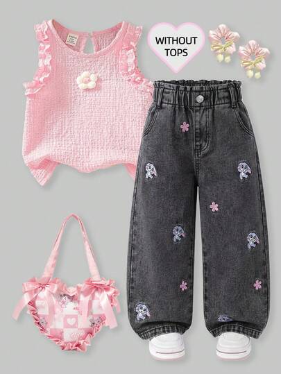 SHEIN ChillGRL Young Girl Washed Gray Denim Jeans, Frill Trim Floral Bunny Embroidered Wide Leg Casual Pants For Summer