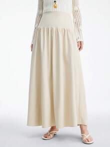 Aalyst 女士优雅褶裥修身A字裙，适合度假/办公穿着 - 杏色 - 查看 4