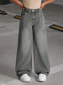 SHEIN Explorewe Quần jeans ống rộng denim mài bạc kiểu retro đa năng, dễ phối đồ cho bé gái tuổi teen. - Xám - Xem 4