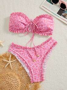 SHEIN Swim 女士夏季新款性感简约印花系带露背比基尼套装，适合海滩度假 - 彩色 - 查看 3