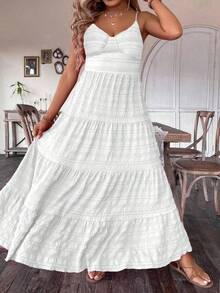 Ceyna Đầm maxi dài nhiều lớp viền bèo nhún màu trơn mùa hè cỡ lớn cho nữ - trắng - Xem 7