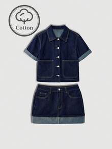 Maija Bộ đồ nữ tay ngắn cài cúc đơn và chân váy denim kiểu dáng thường ngày. - Rửa tối - Xem 1