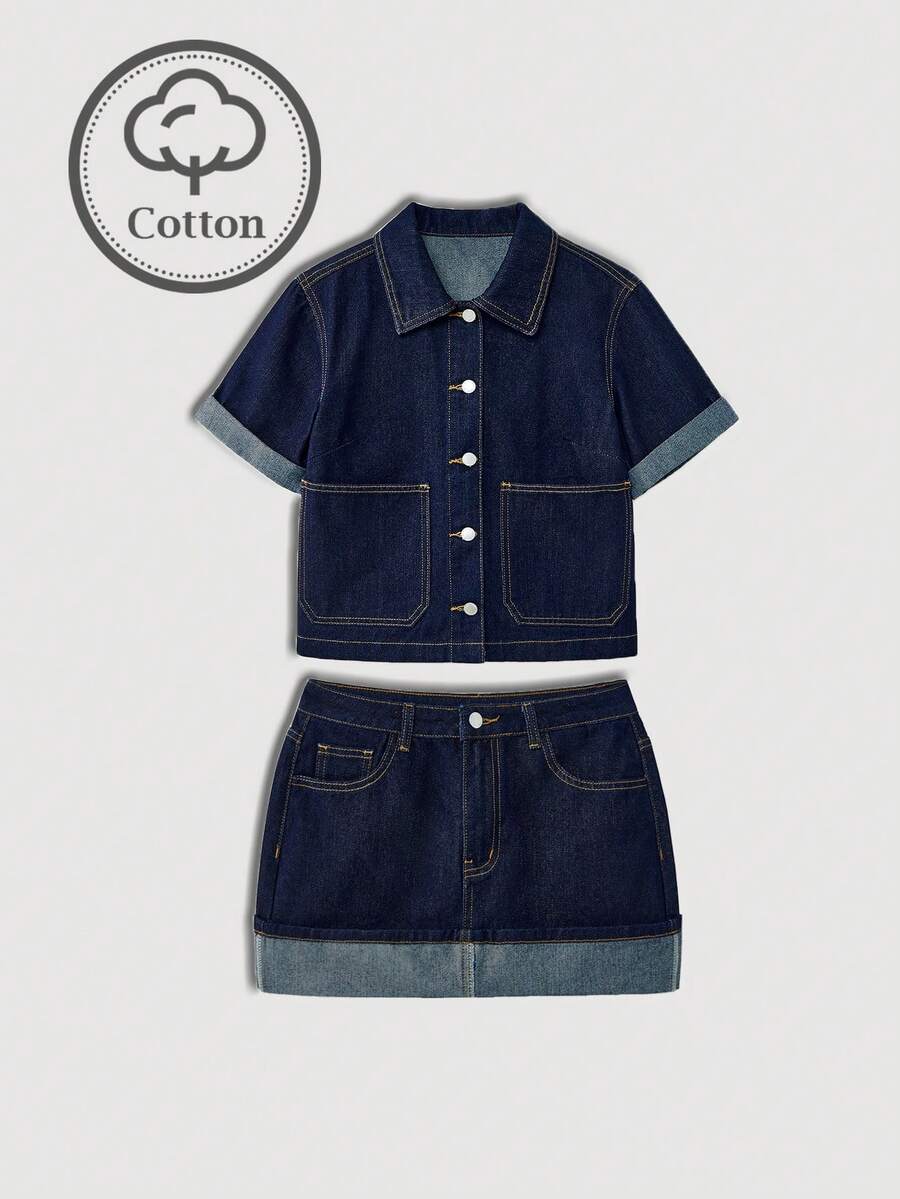 Maija Bộ đồ nữ tay ngắn cài cúc đơn và chân váy denim kiểu dáng thường ngày. - Rửa tối - Xem 1