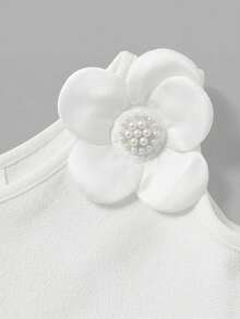 SHEIN 女童花卉图案纯色不对称领口无袖T恤 - 白色 - 查看 3