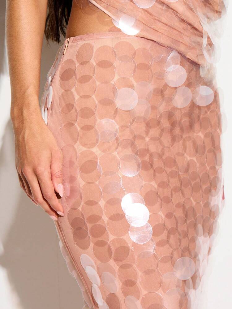 KIZN Sequined Beige Bodycon Maxi Skirt With Mesh