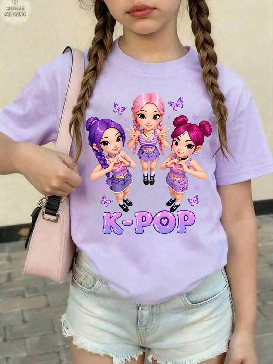 Tween Girl Letter & Cartoon Print Round Neck Pullover T-Shirt - Mauve Purple - View 1