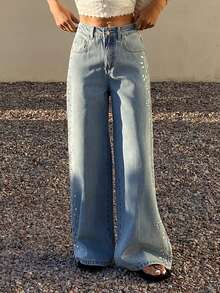 DAZY 女士常规款中腰水钻装饰阔腿休闲牛仔裤 - 淺色水洗藍 - 查看 5