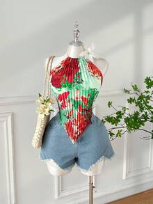 Comfortcana Romantischer Ölgemälde-Muster plissierter asymmetrischer Ausschnitt ärmelloser Träger-Top in Große Größen für den Frühling - Grün - Übersicht 9