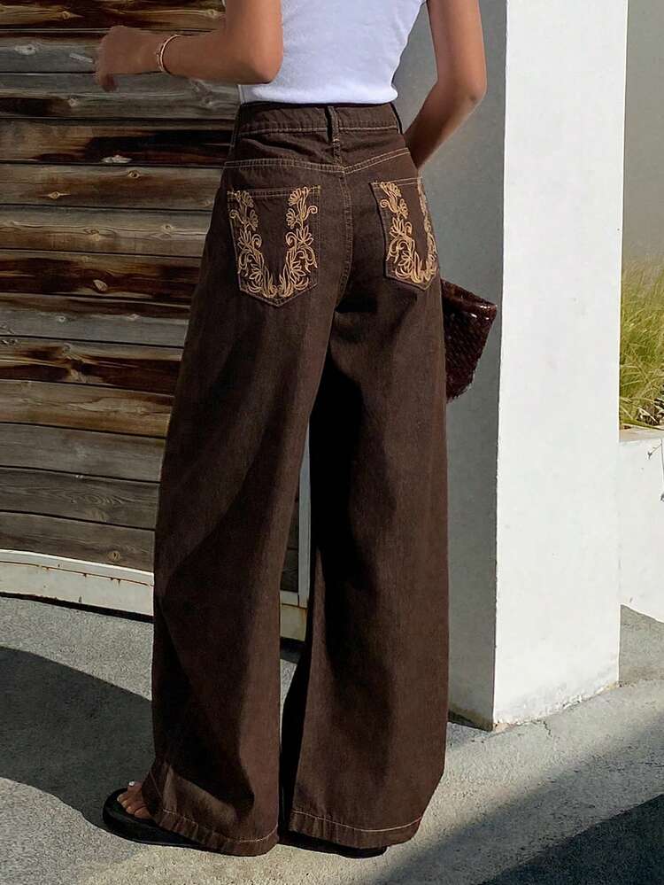Tall Women's Elongated Jeans With Embroidery Decor, Casual Street Style Barrel Leg Jeans