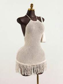 SaltGleam SaltGleam 女士夏季针织流苏连衣裙 - 杏色 - 查看 3