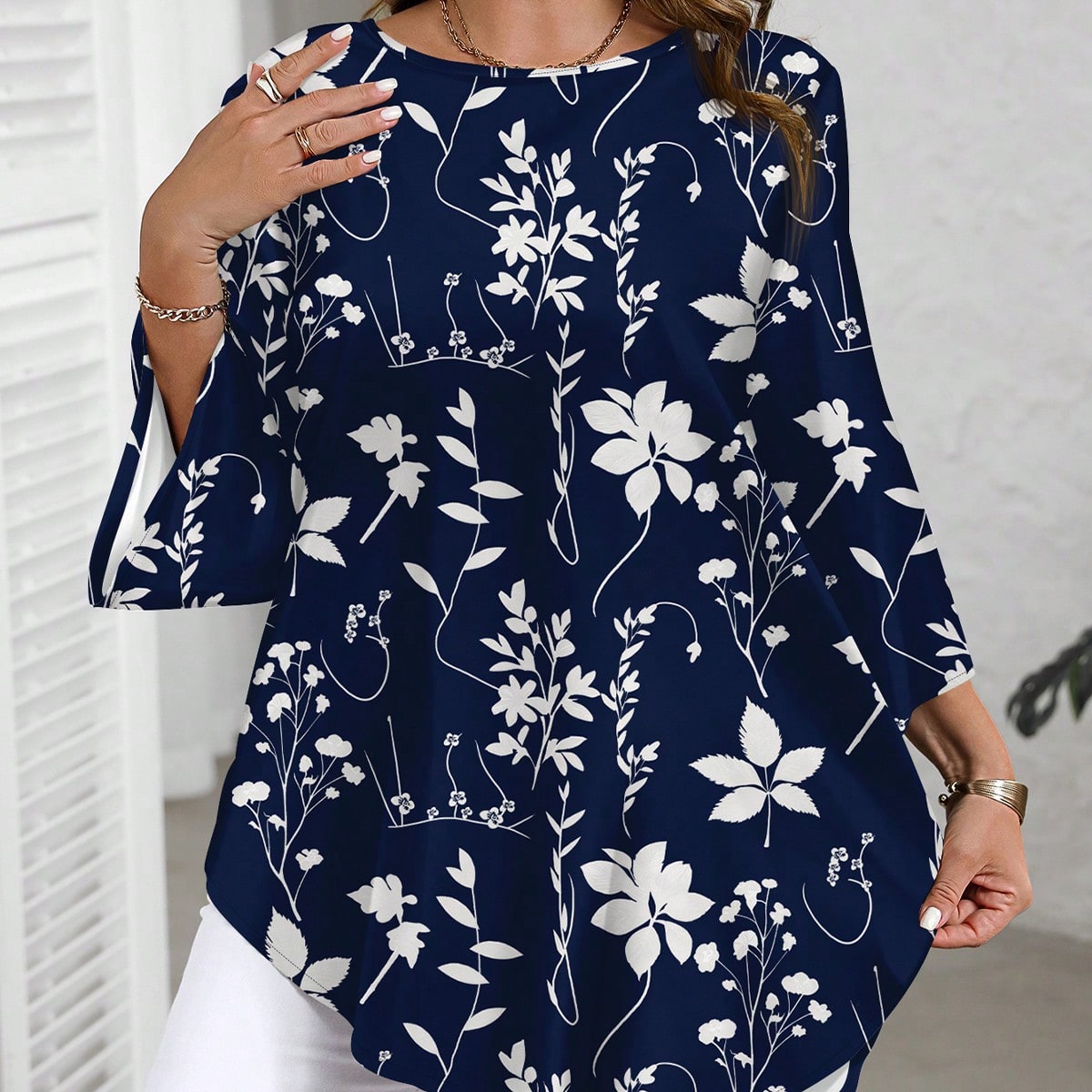 Plus Size Women Floral Print 3/4 Sleeve Casual Shirt, Spring/Summer Women's Shirts For Summer Women's Tops And Blouses Fall