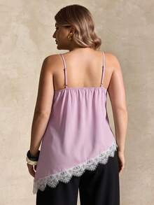 Elegantrix Plus Size Women Urban Casual Lace Asymmetric Hem V-Neck Patchwork Solid Color Short Camisole - Mauve Purple - View 2