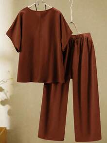 Plus Size Women's Solid Color Round Neck Short Sleeve Shirt And Wide Leg Pants Casual 2-Piece Set - Brown - View 2