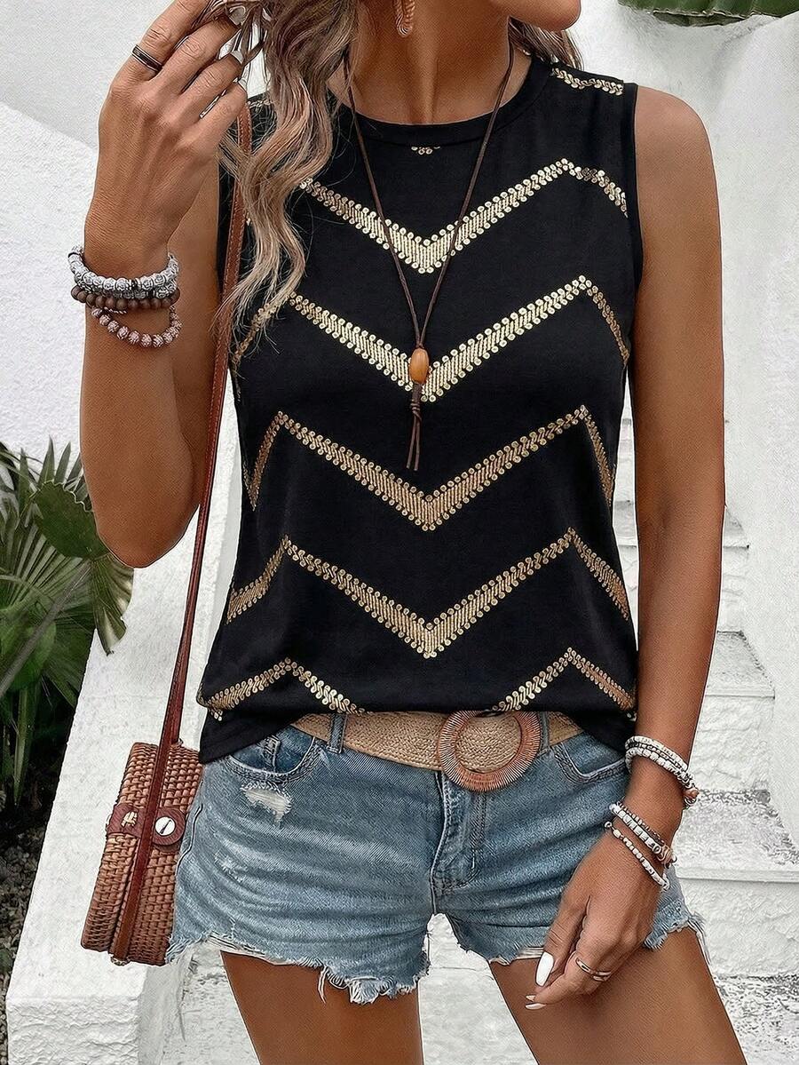 Selamara Camiseta de tirantes casual y versátil con cuello redondo y estampado de rayas onduladas degradadas, nueva llegada de primavera/verano, talla grande vendido - Multicolor - Ver 1