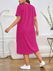 SHEIN Essnce Đầm hè dáng rộng, cổ tròn, tay ngắn, xẻ tà, kiểu dáng thường ngày. - Màu Hồng Tươi - Xem 2