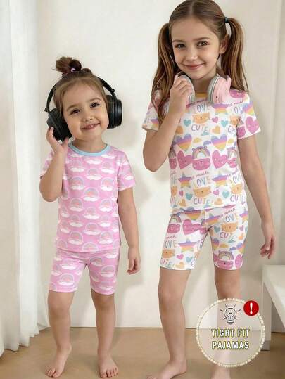 2件套幼儿女童时尚可爱活力爱心彩虹印花圆领针织紧身短袖上衣和短裤休闲家居服套装