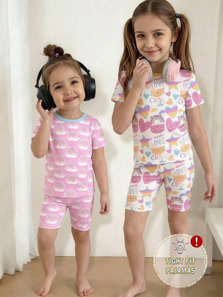 2件組少女時尚可愛鮮豔愛心與彩虹印花圓領針織修身短袖上衣與短褲休閒居家服套裝 - 彩色 - 查看 1