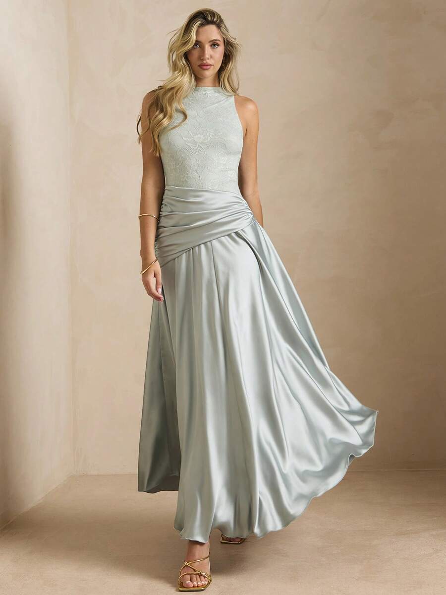 Enchnt Women's Elegant Sage Green Summer Tropical Cocktail Party Night Dinner Dress, Floral Lace Round Neck Sleeveless Ruffle Long Dress For Wedding, Prom