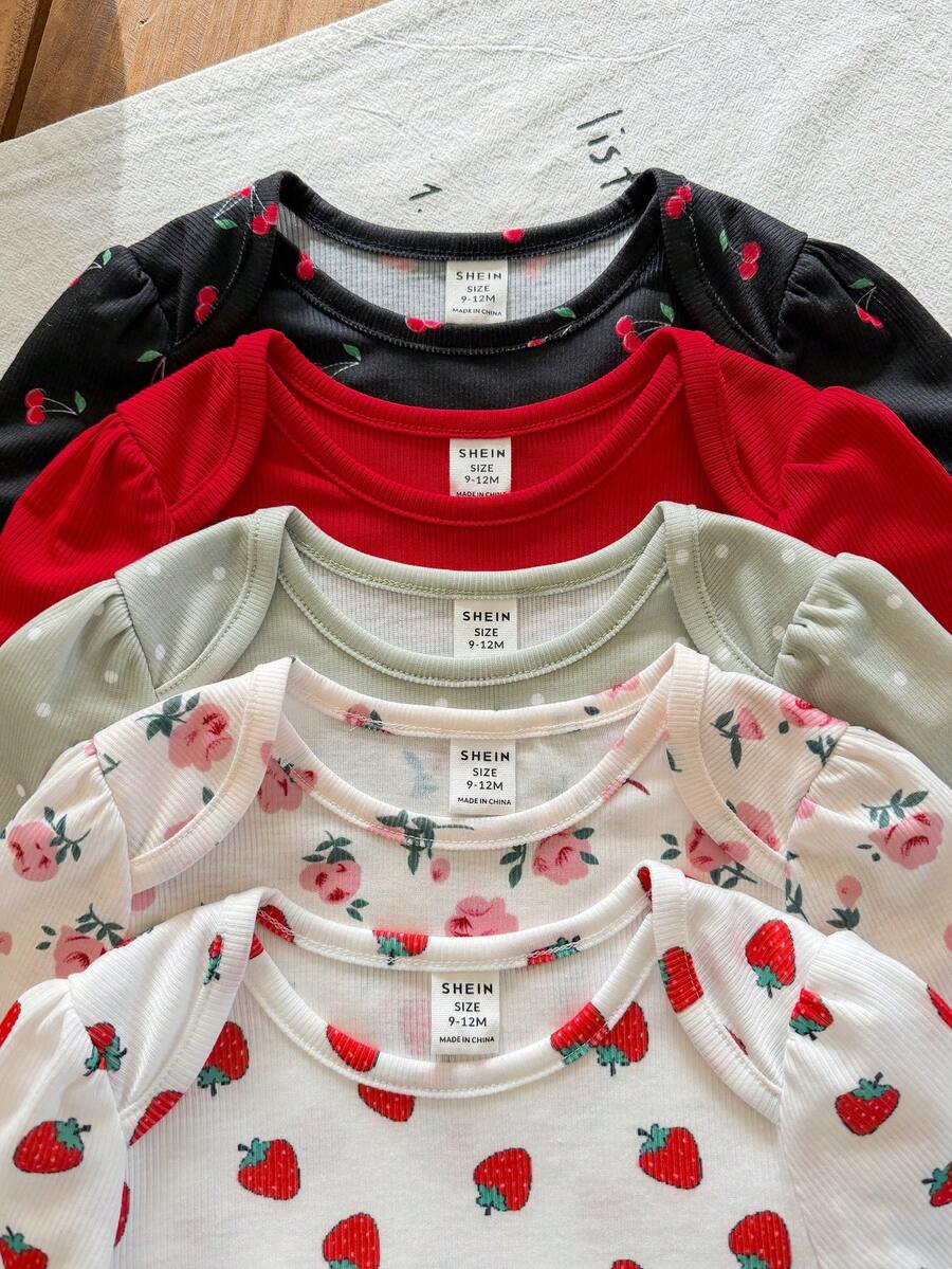 SHEIN LMoss Kids 5件套新生女宝宝夏季可爱针织碎花波点卡通印花短袖连体衣 - 彩色 - 查看 1
