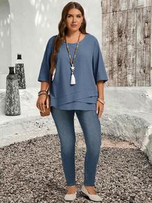 EMERY ROSE Plus Size Asymmetric Hem Dusty Blue Blouse For Women,Boho Casual Country Shirts,Autumn Vacation Tops,Summer Festival Outfits,Spring Bohemian Clothing - Dusty Blue - View 5