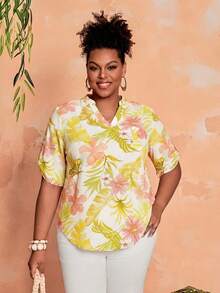 EMERY ROSE Camisa casual de vacaciones con estampado tropical de talla grande - Amarillo - Ver 1