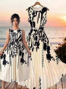 Elenzga 大码女式无袖圆领蝴蝶结休闲浪漫度假优雅褶皱夏季连衣裙 - 杏色 - 查看 1