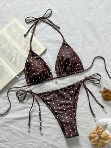 Swim Chiccia Conjunto de traje de baño de verano para mujer, conjunto de traje de baño con estampado de bloques de color y lunares, conjunto de bikinis de estampado aleatorio para mujer, bikini marrón de 2 piezas, conjunto de bikinis con estampado de lunares - Multicolor - Ver 2