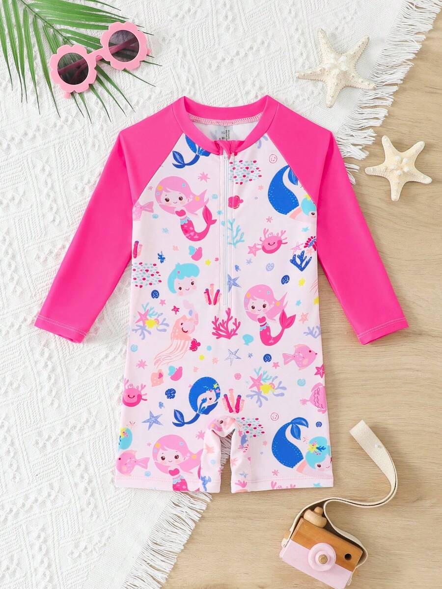 Baby Girl Mermaid Print Color Block One-Piece Swimsuit, Beach Vacation - Red - View 1