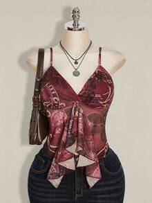 SHEIN ICON Plus Size Women Paisley Print Blue Green Ruffle Trim Camisole Top - Burgundy - View 1