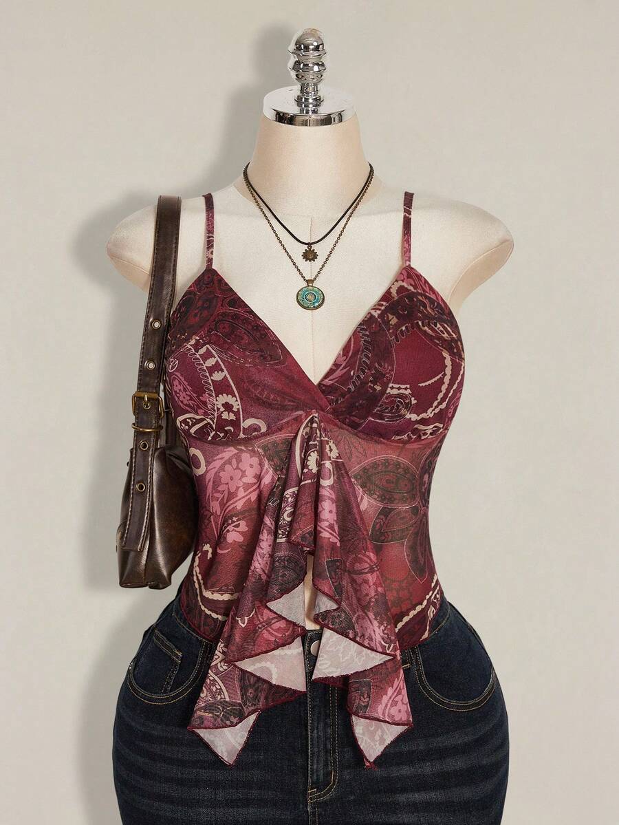 SHEIN ICON Plus Size Women Paisley Print Blue Green Ruffle Trim Camisole Top - Burgundy - View 1