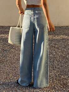 DAZY 女士常规款中腰水钻装饰阔腿休闲牛仔裤 - 淺色水洗藍 - 查看 4