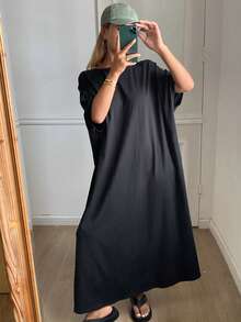 DAZY Women's Round Neck Short Sleeve Loose Long Casual Dress - Black - View 4