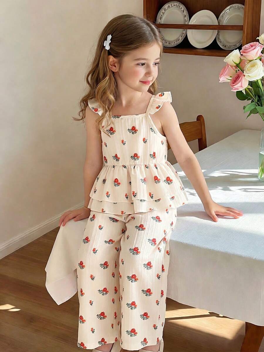 SHEIN Vintaside Kids 女童两件套：复古碎花吊带背心配荷叶边袖子和宽松阔腿裤，休闲度假装，夏季 - 杏色 - 查看 1