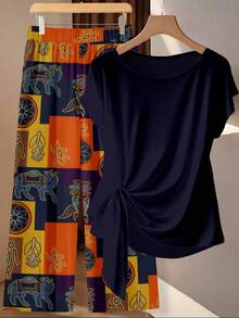 EMERY ROSE 女士系带蝴蝶结衬衫和直筒裤两件套 - 彩色 - 查看 5