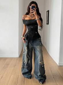 Coolane Women's Summer Rave Outfit Going Out Party Sexy   Game Day  Boho  Music Festival Vacation Sequin Glitter Off The Shoulder Black Ruffle Asymmetrical  Tees - Black - View 2