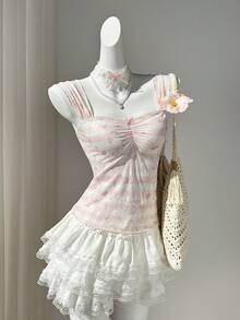 Elamini 女士优雅法式夏季蕾丝时尚修身性感无肩带甜美蝴蝶装饰休闲度假沙滩百搭蕾丝T恤 - 彩色 - 查看 7